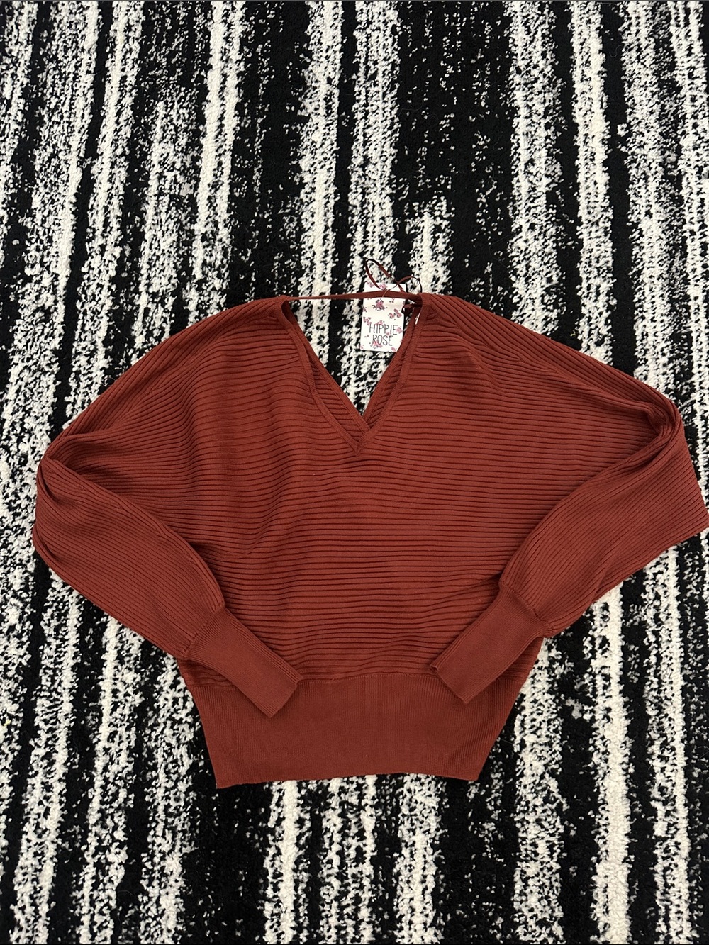 Hippie Rose Rust Brown Ribbed V-Neck Sweater